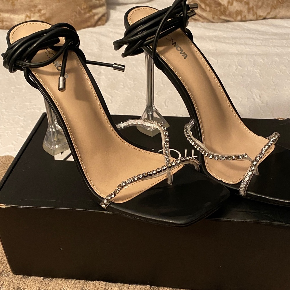 Fashion Nova Black and Silver Rhinestone Heels